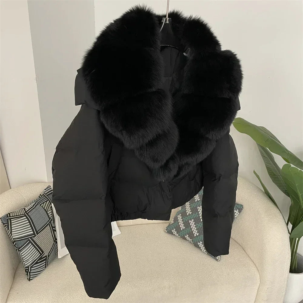 cropped duck down winter coat with real fox fur