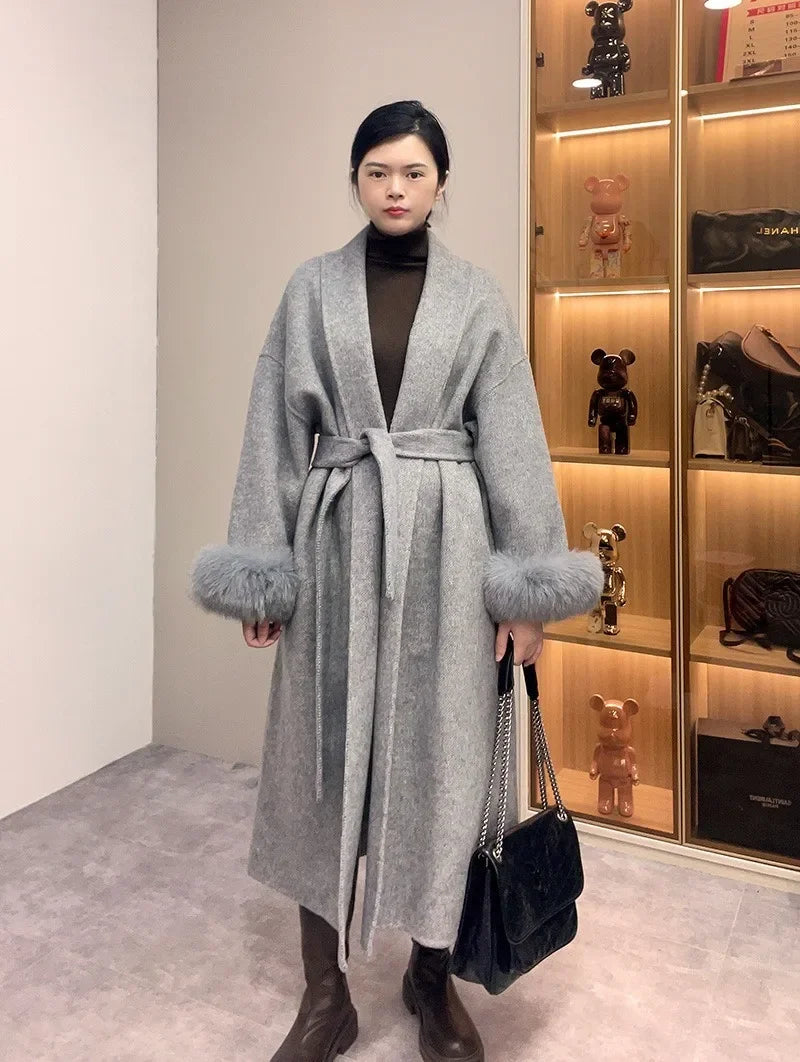 Real Wool Fur Coat Women's Removable Cuffs Fox Fur