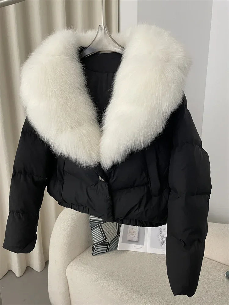 cropped duck down winter coat with real fox fur