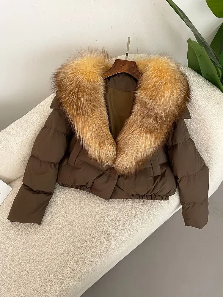 cropped duck down winter coat with real fox fur