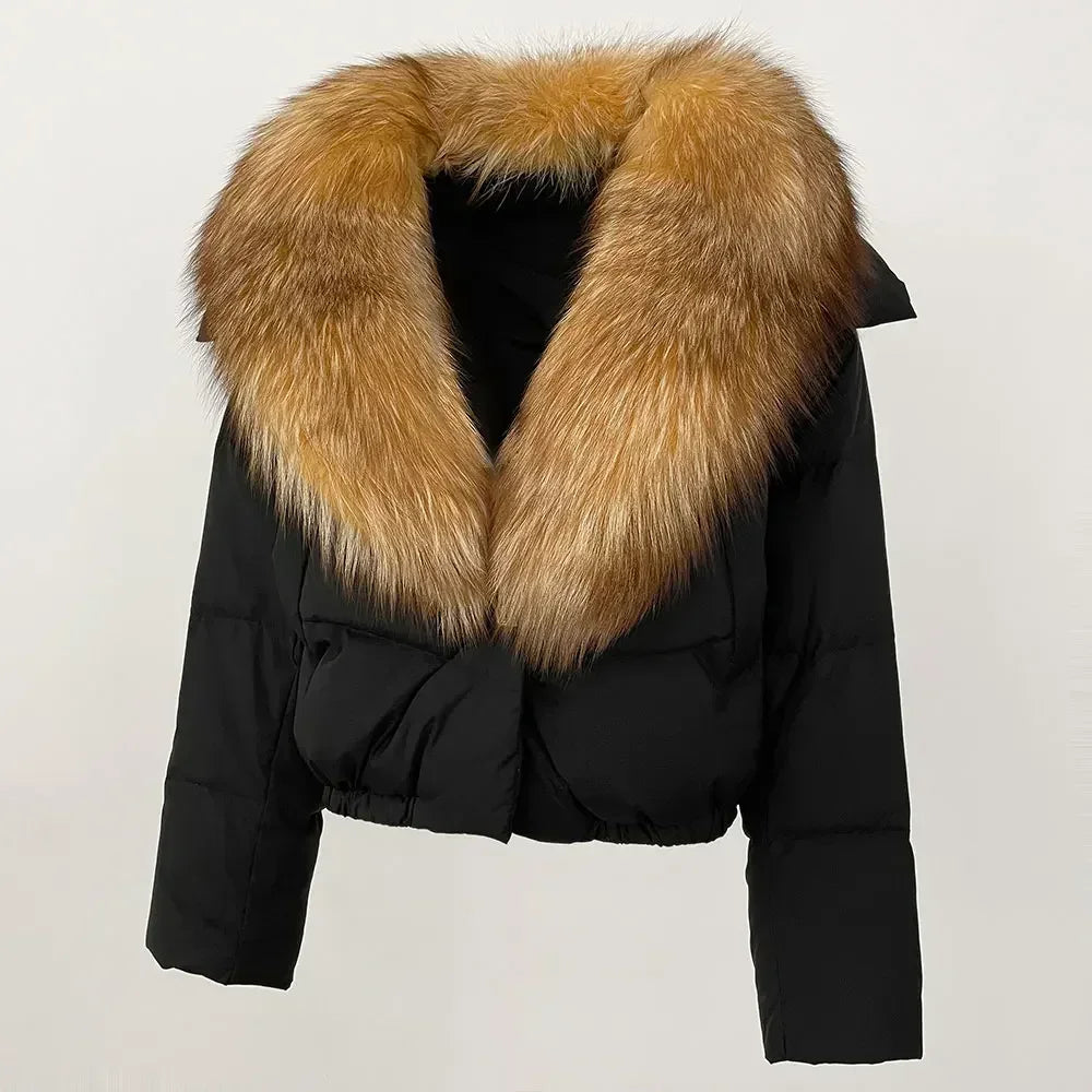 cropped duck down winter coat with real fox fur