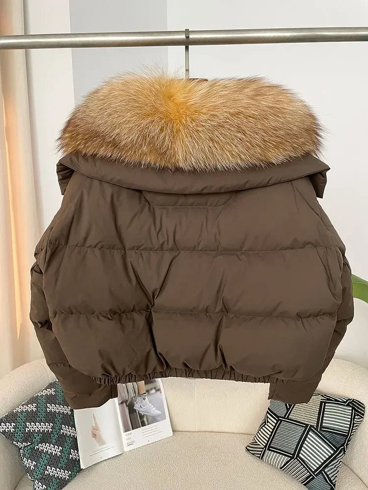 cropped duck down winter coat with real fox fur