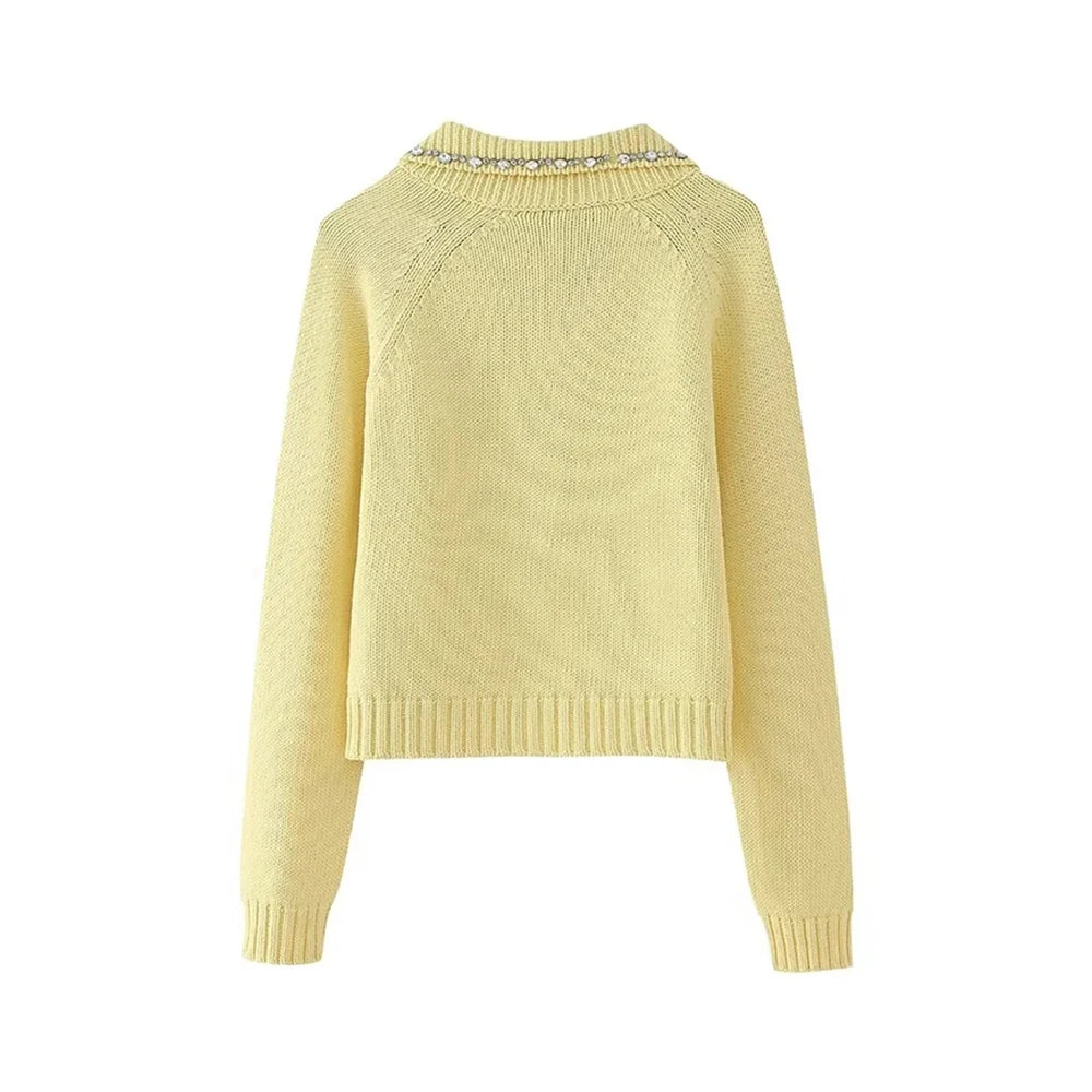 Knitted Cardigans for Women Sweater Yellow Diamonds Long Sleeve