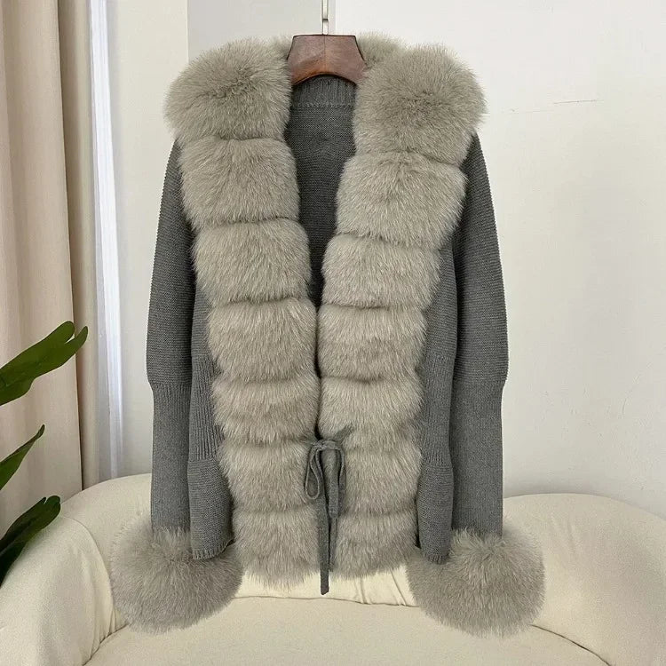 Real fox Fur Cardigan Detachable Collar