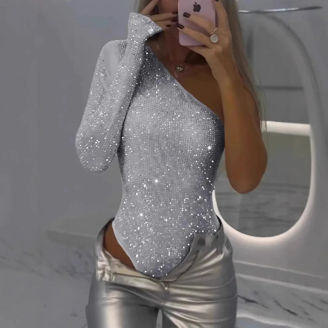 Diamonds Sequin Bodysuits One-shoulder