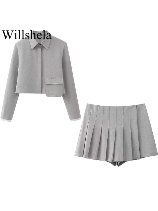 2 Piece Set Grey Single Breasted Lapel Neck Shirts & Vintage Side Zipper Skorts