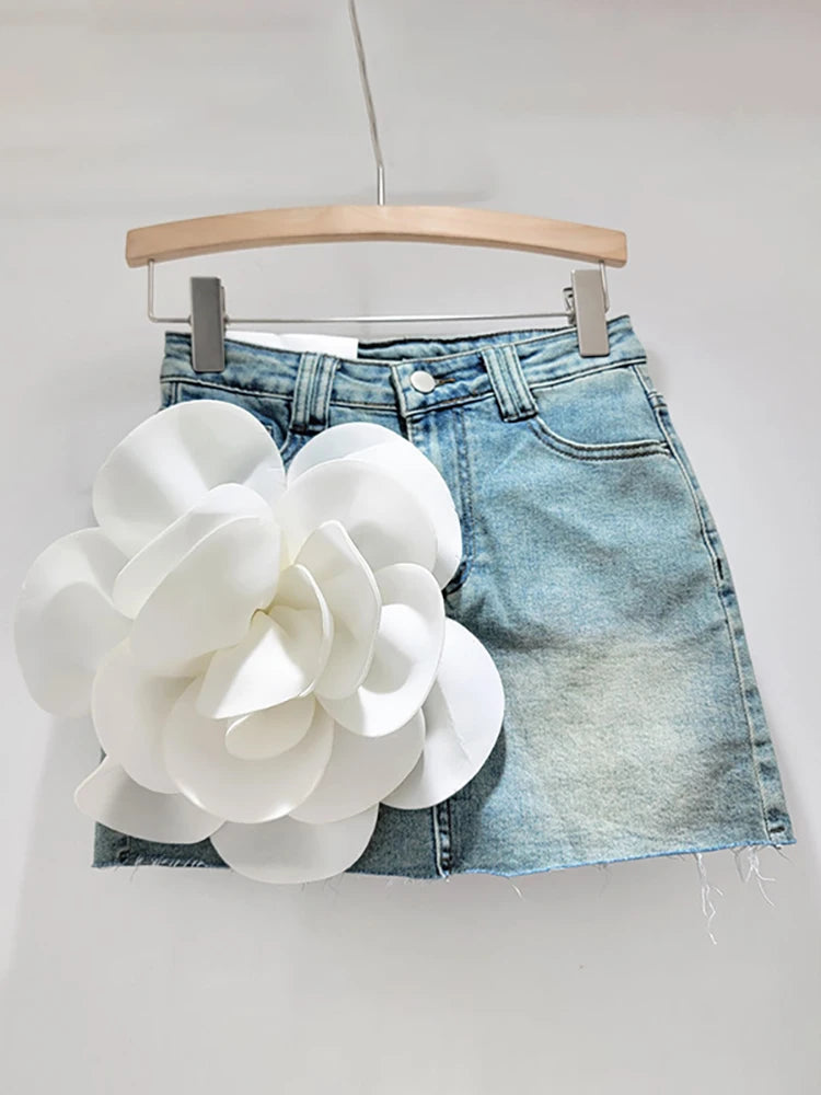 3D flower mini denim skirt