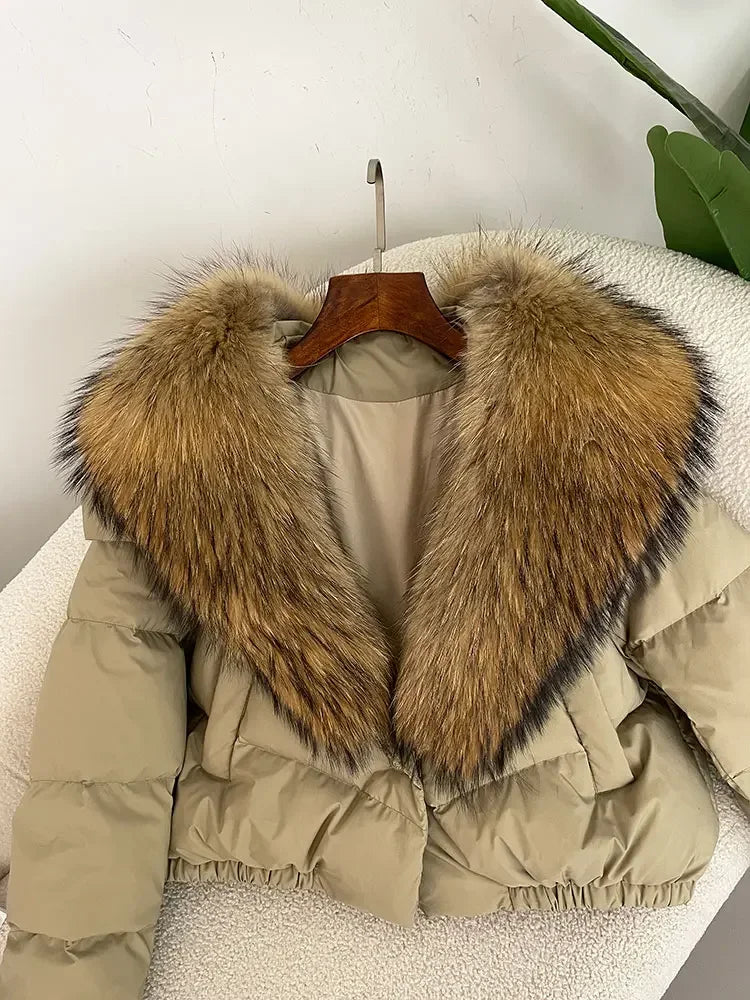 cropped duck down winter coat with real fox fur