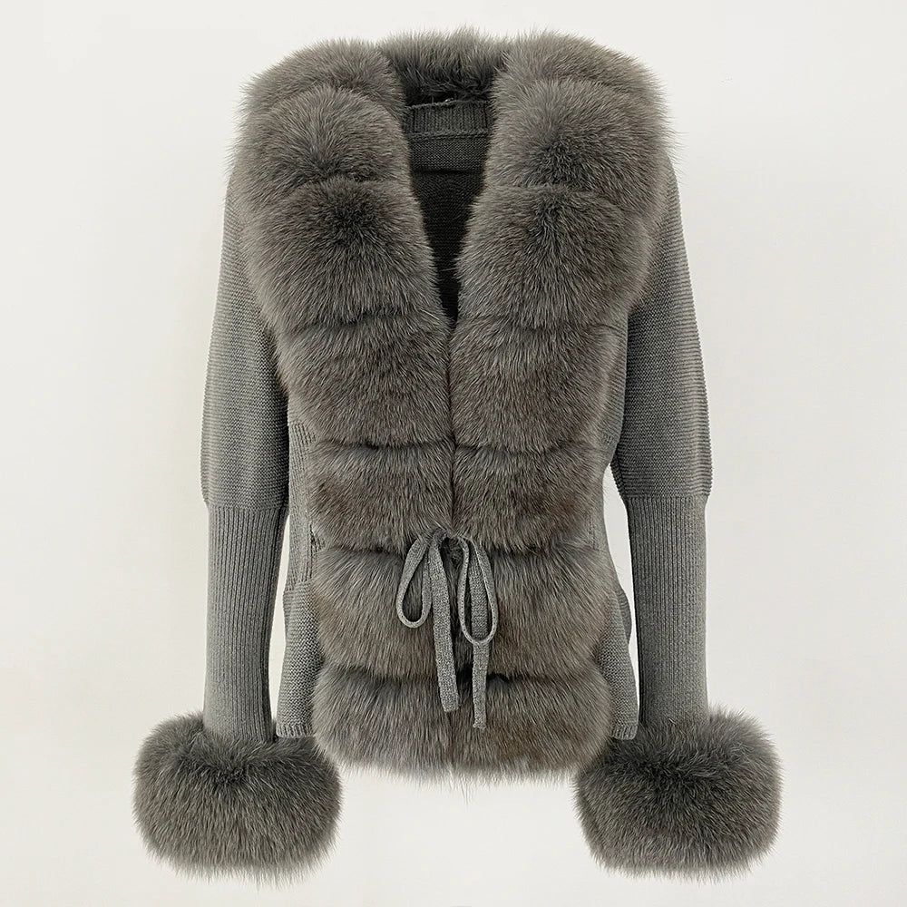 Real fox Fur Cardigan Detachable Collar