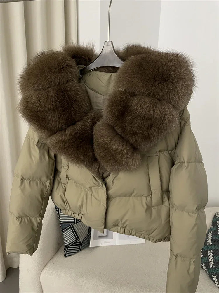 cropped duck down winter coat with real fox fur