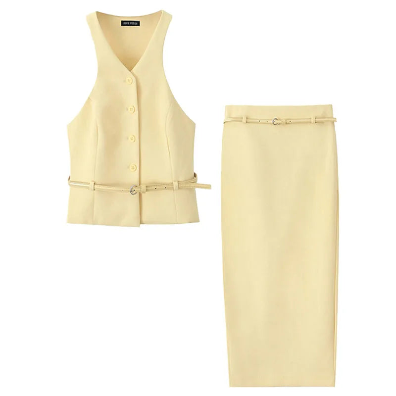 Yellow V-Neck Sleeveless Belt Tops+High Waist Pocket Belt Long Skirts