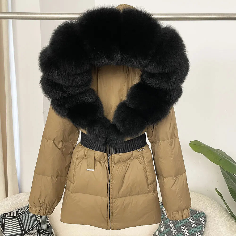 medium length woman coat duck down real fox and racoon fur