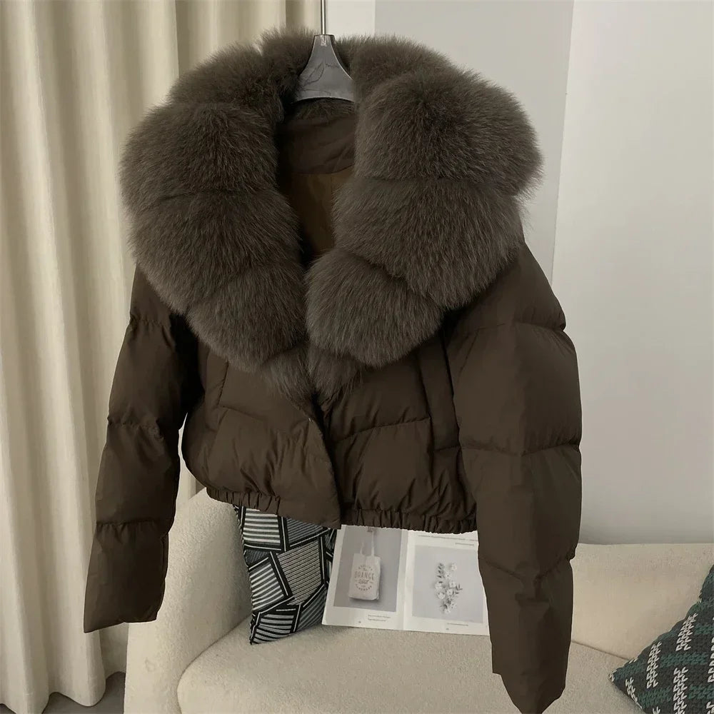 cropped duck down winter coat with real fox fur