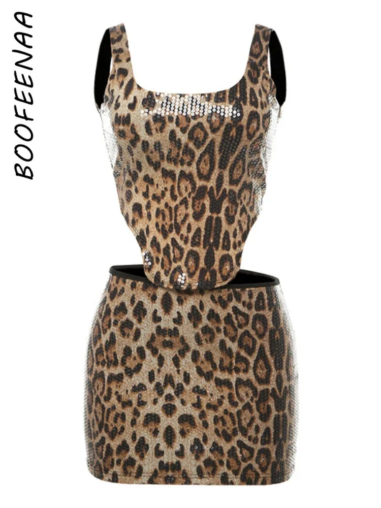 Leopard Print Sequin 2 Piece Set Backless Corset Top and Mini Skirt