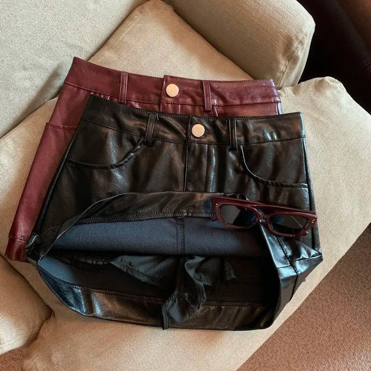 Black and wine red leather skirt