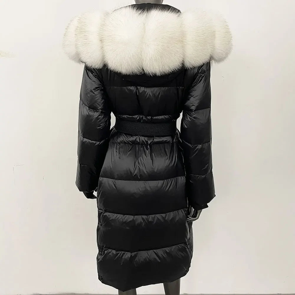 long coat with fox fur hood and belted waist