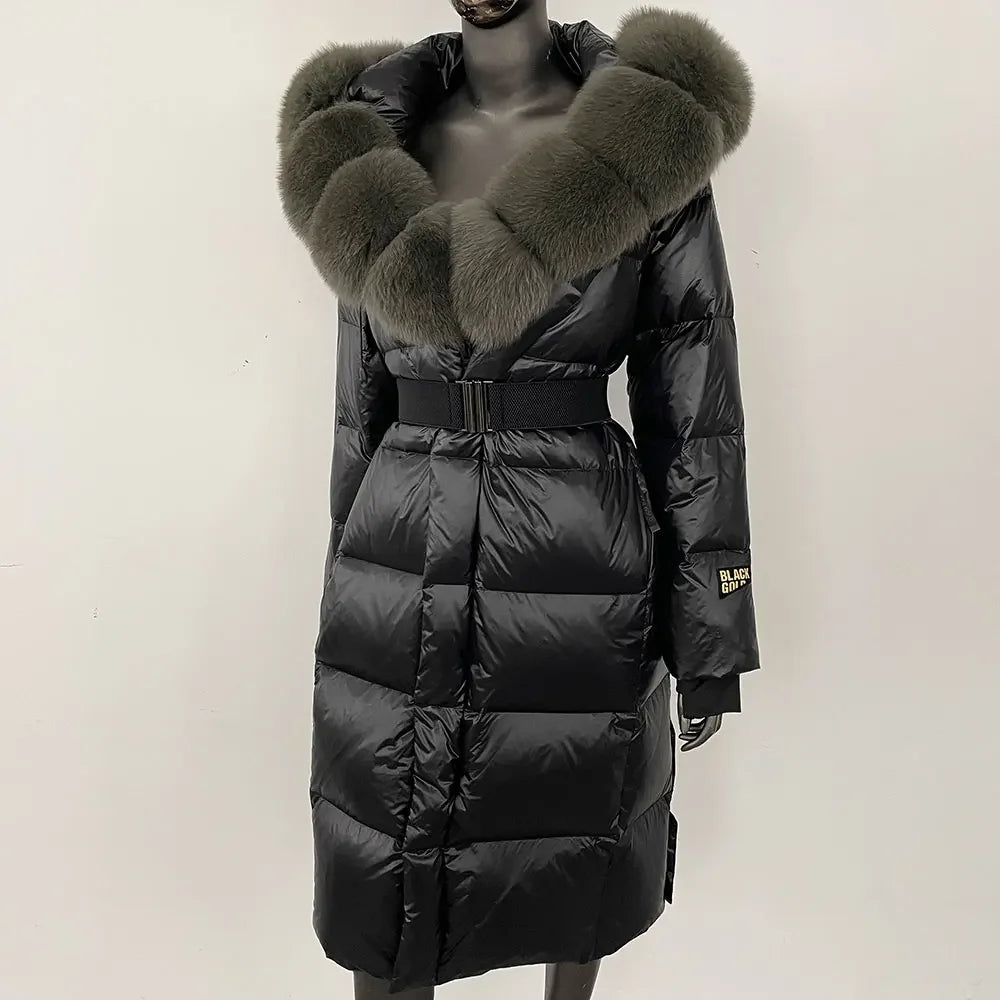 long coat with fox fur hood and belted waist