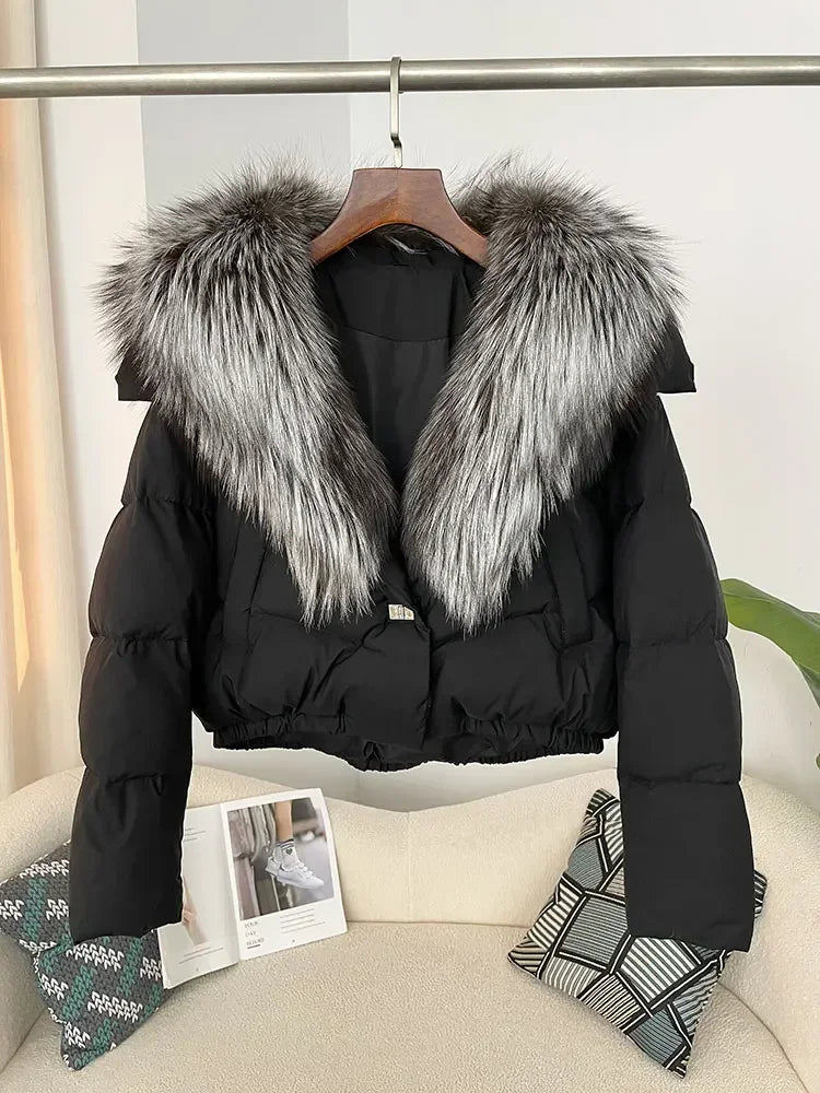 cropped duck down winter coat with real fox fur