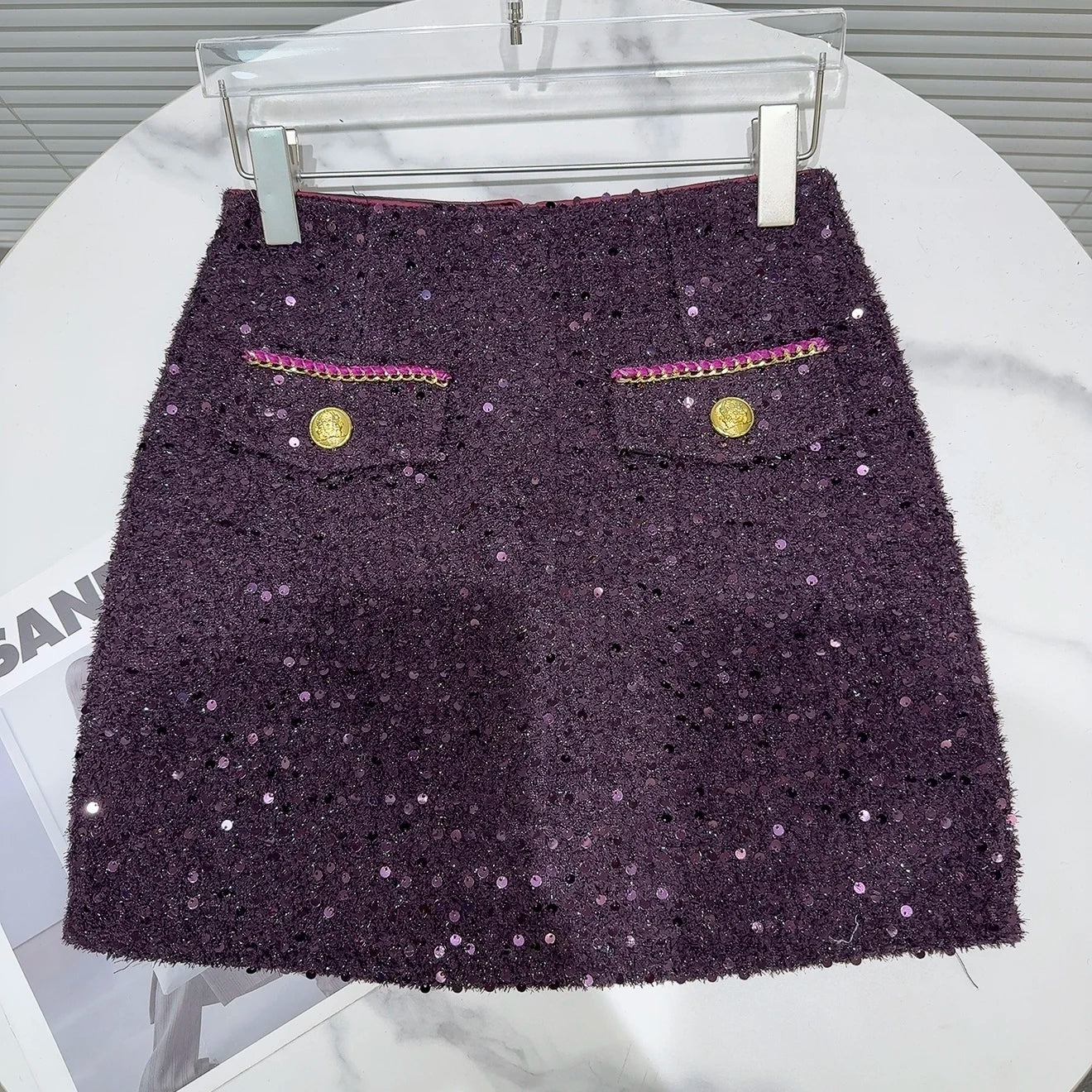 Metal Buttons Pockets Sequins Tweed Skirt