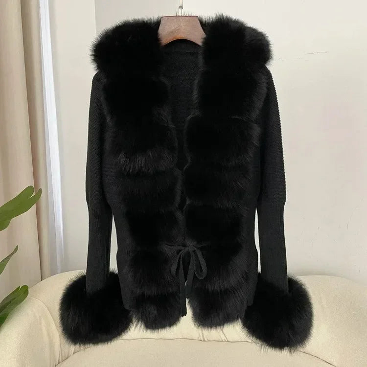 Real fox Fur Cardigan Detachable Collar