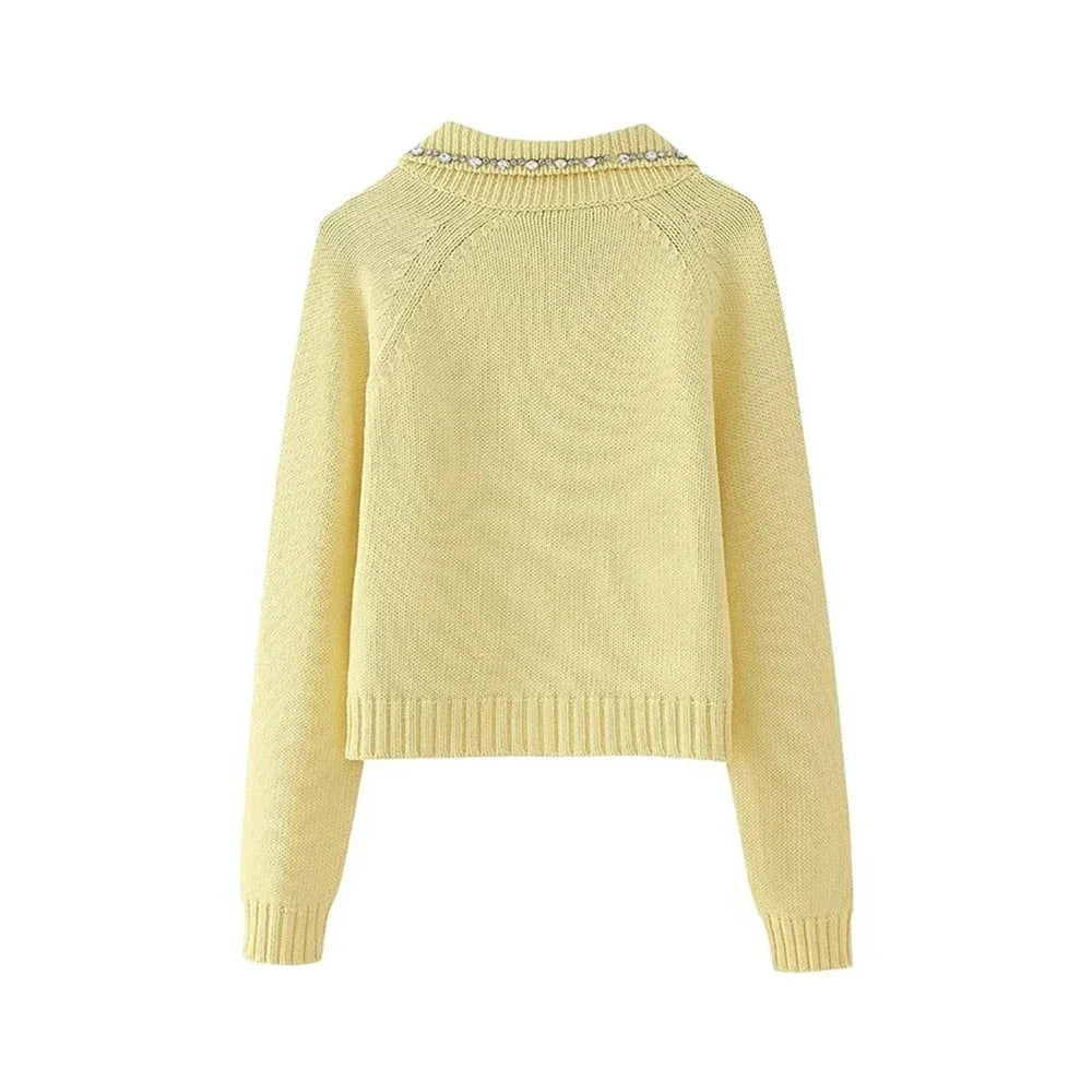 Knitted Cardigans for Women Sweater Yellow Diamonds Long Sleeve