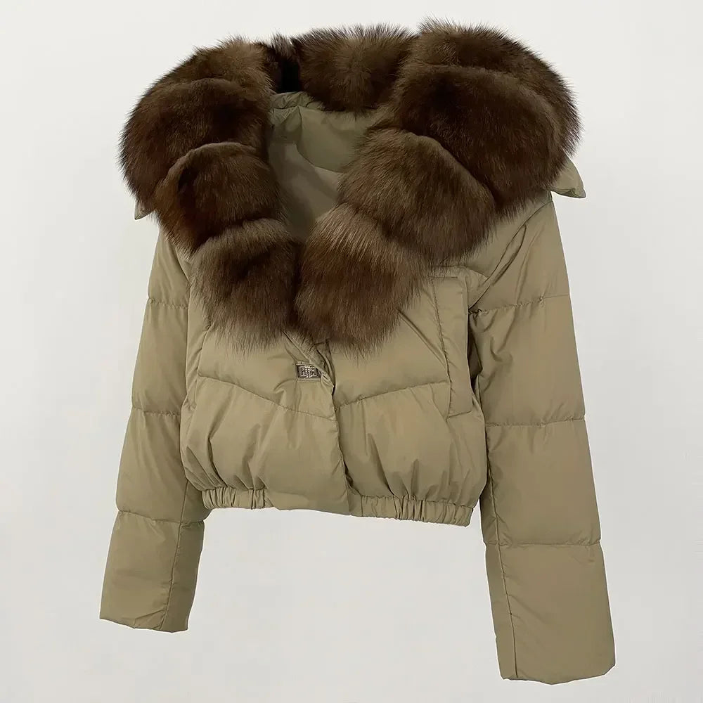 cropped duck down winter coat with real fox fur