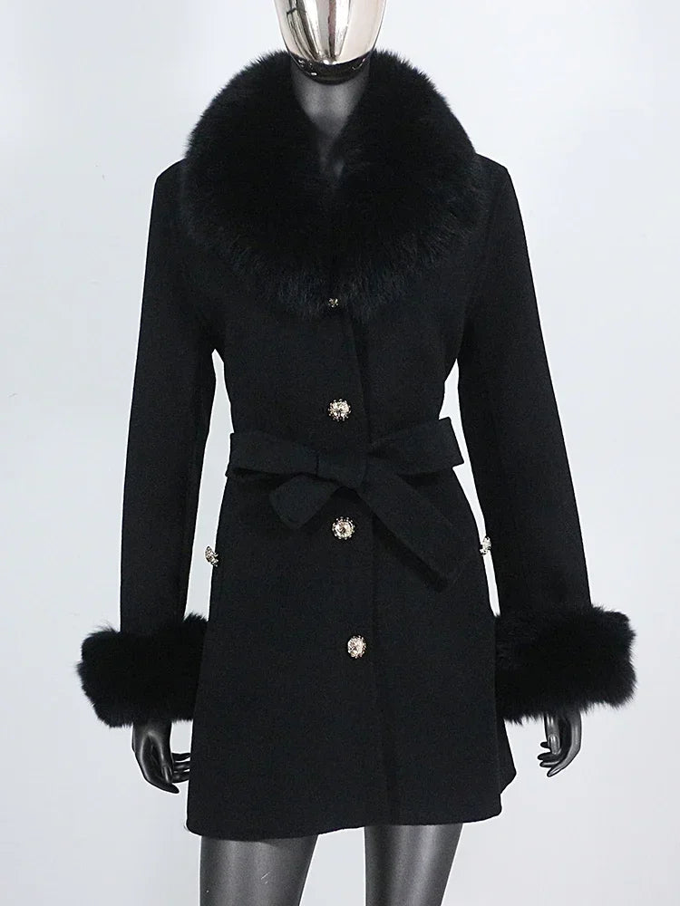 Long Winter Jacket Women Cuffs Belt Cashmere Real Fur Coat Natural Fox Fur Collar