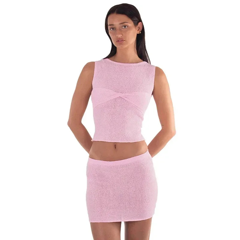 Knitted sleevless womens ruched two piece set