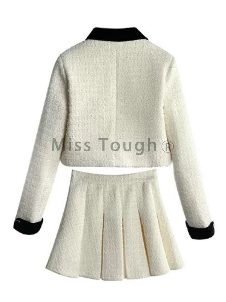 Two Piece Set Women Bow Short Coat + High Waisted Pleated Skirt