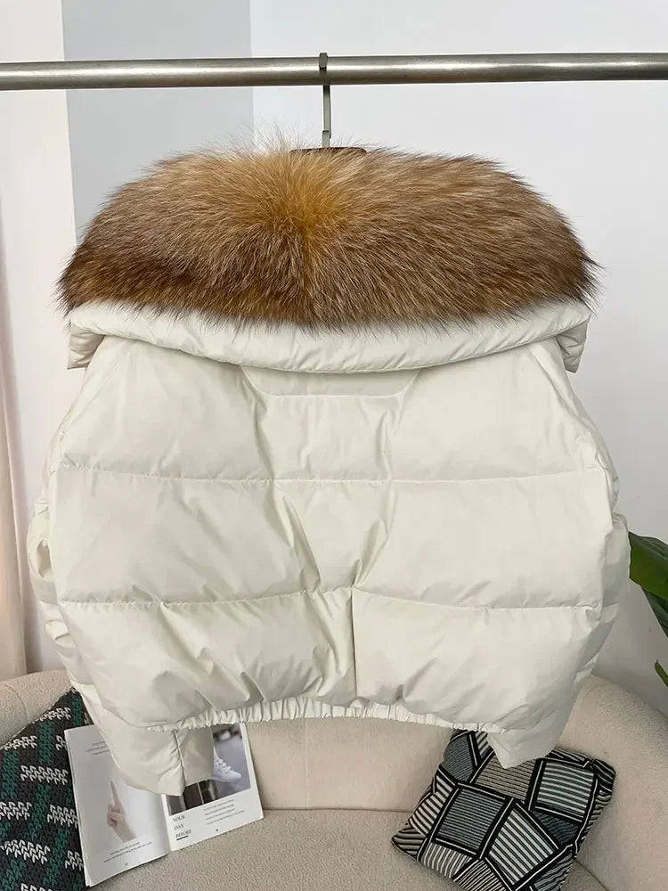 cropped duck down winter coat with real fox fur