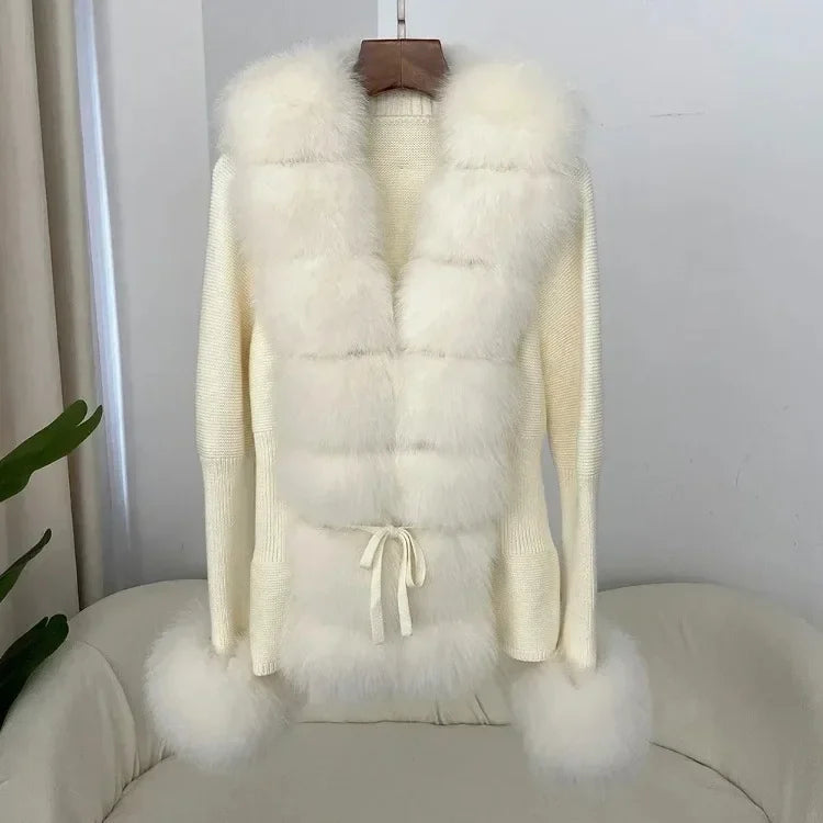 Real fox Fur Cardigan Detachable Collar