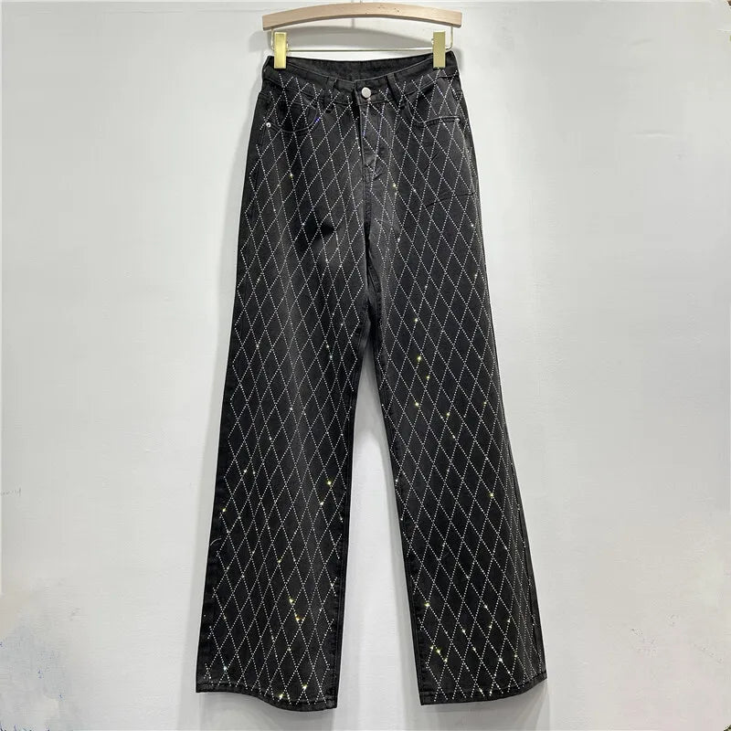 straight leg cross diamond design jeans