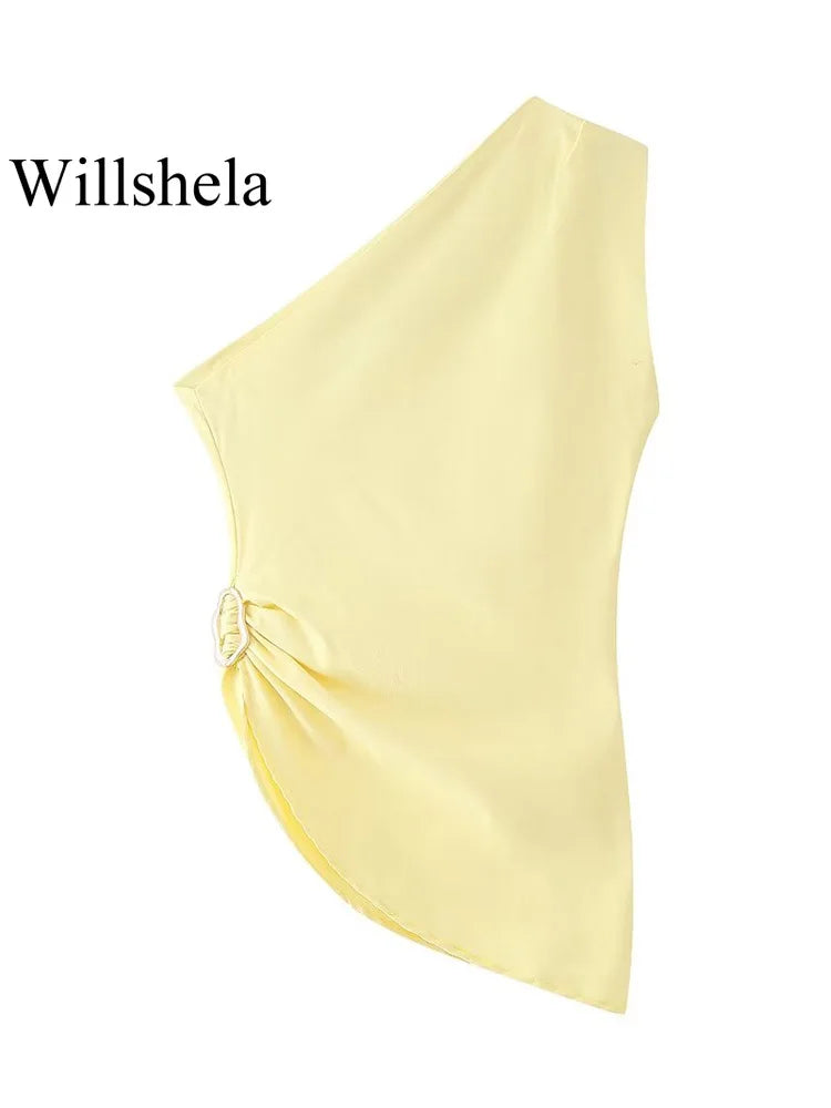 Yellow Pleated Bandage Asymmetrical Tops