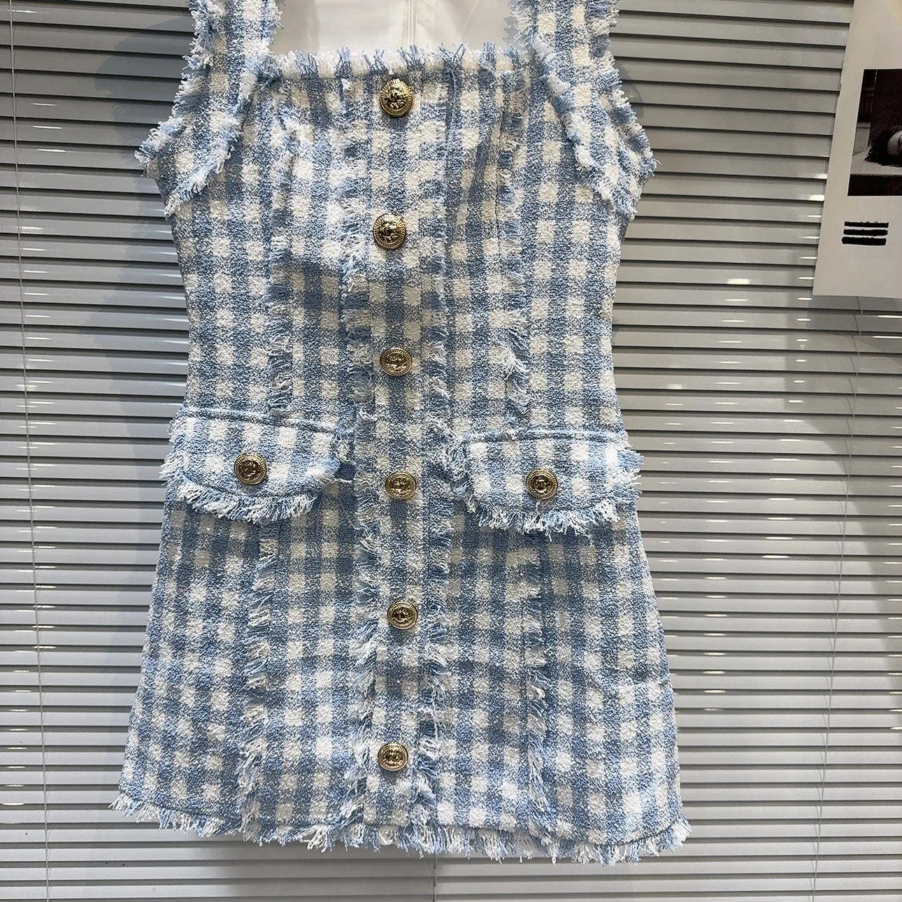 Metal Buttons Blue Plaid Tweed Short Dress