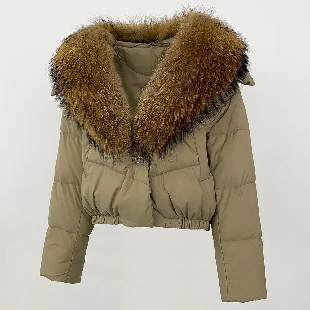 cropped duck down winter coat with real fox fur