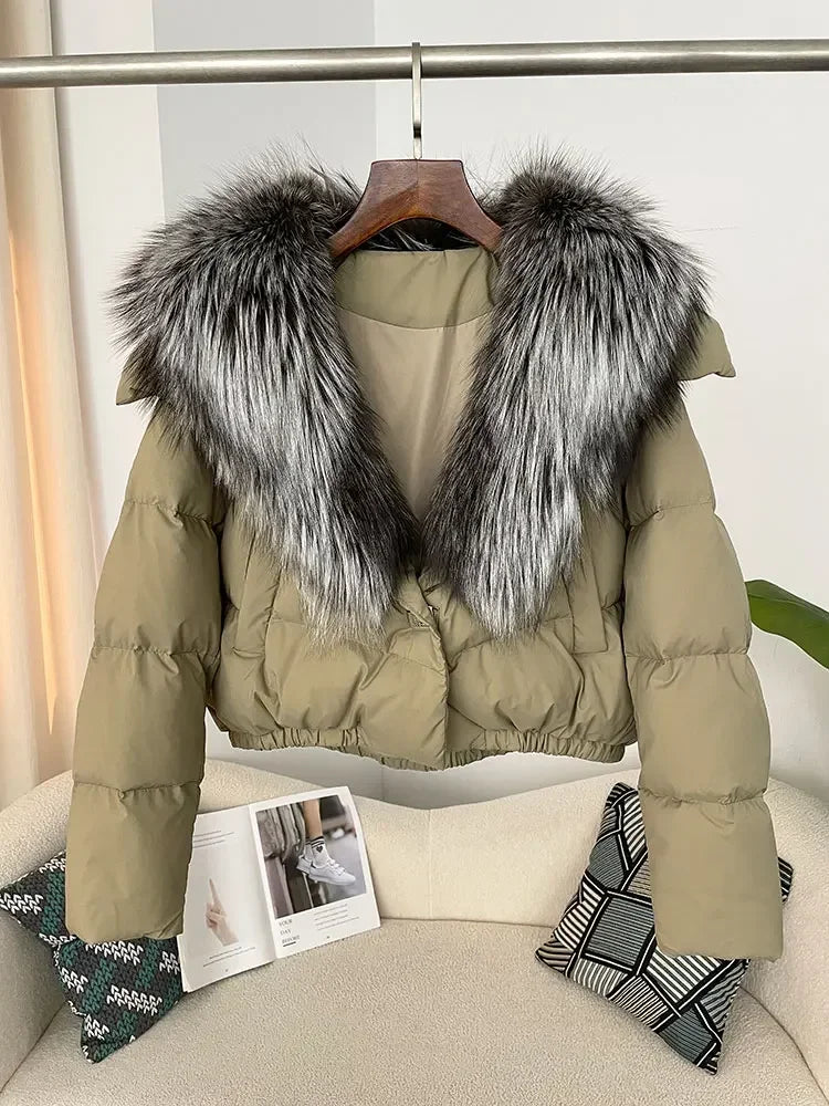 cropped duck down winter coat with real fox fur