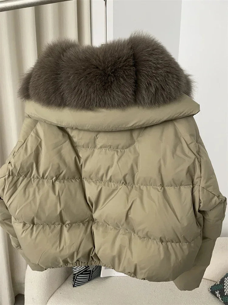 cropped duck down winter coat with real fox fur