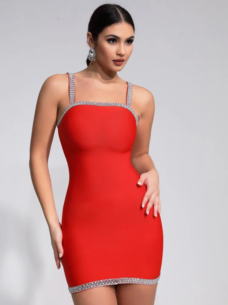 Luxury Red Crystal Mini Bandage Dress