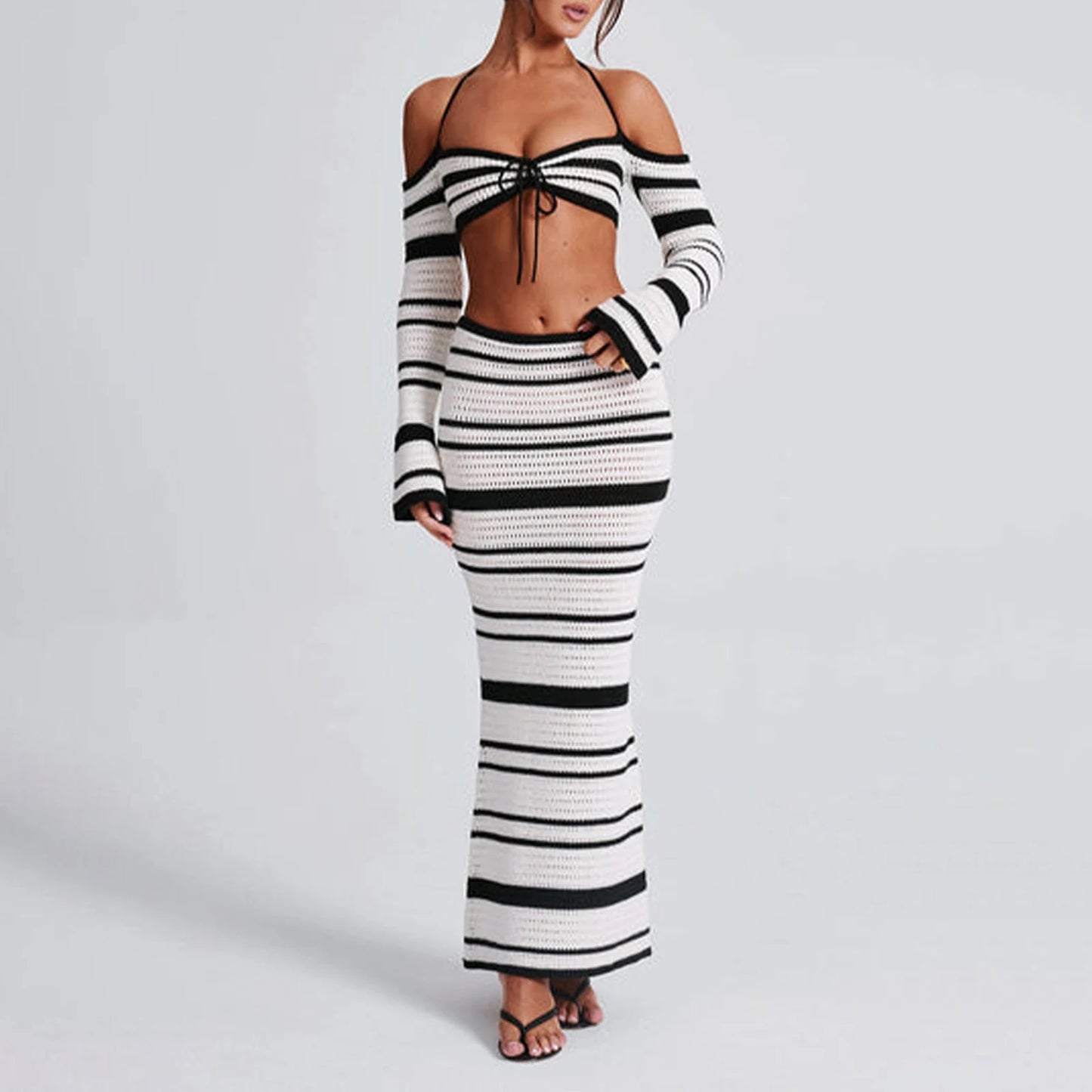 2 Piece Set Halter srtipped Slash Neck Tops and Maxi Skirts