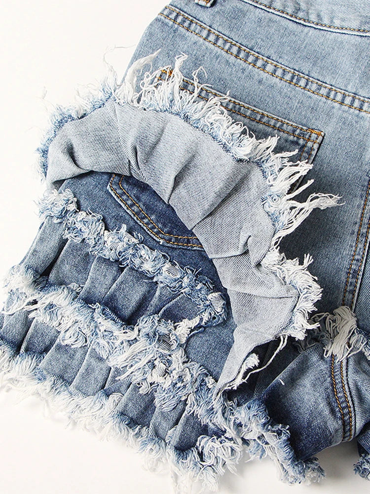 Solid Patchwork Folds Denim Short