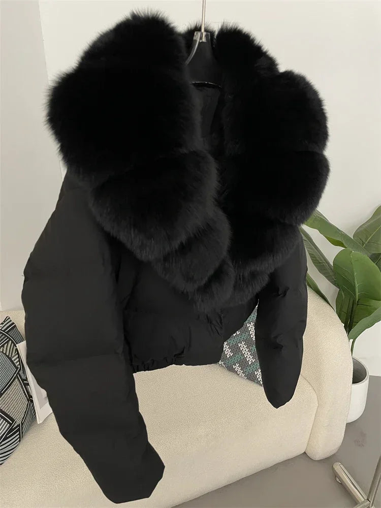 cropped duck down winter coat with real fox fur