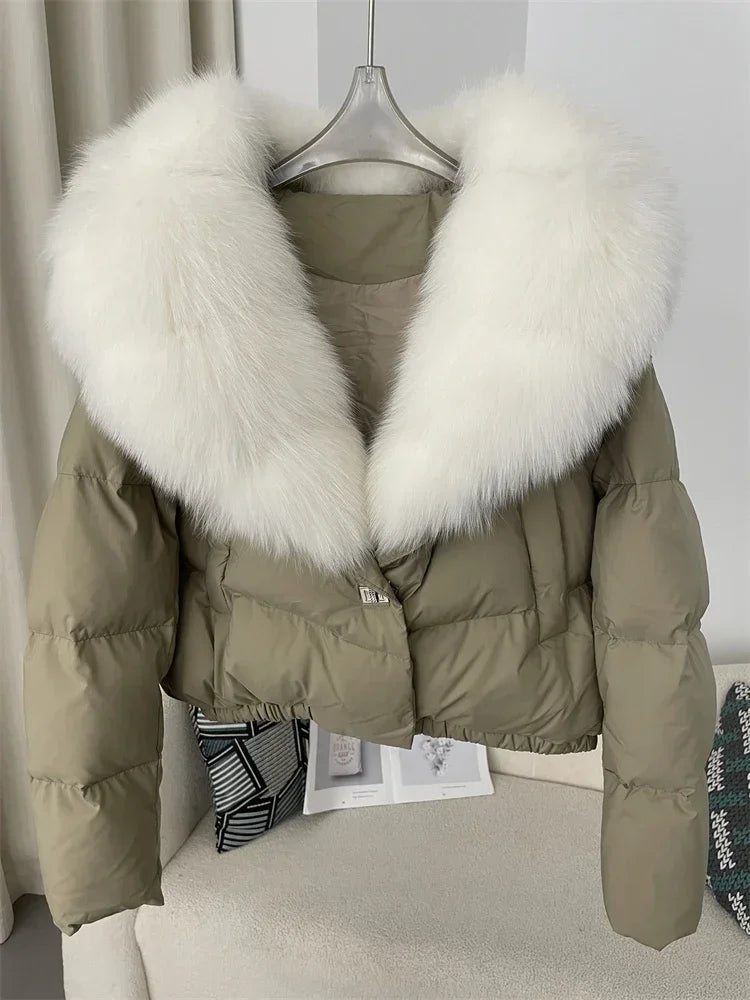 cropped duck down winter coat with real fox fur