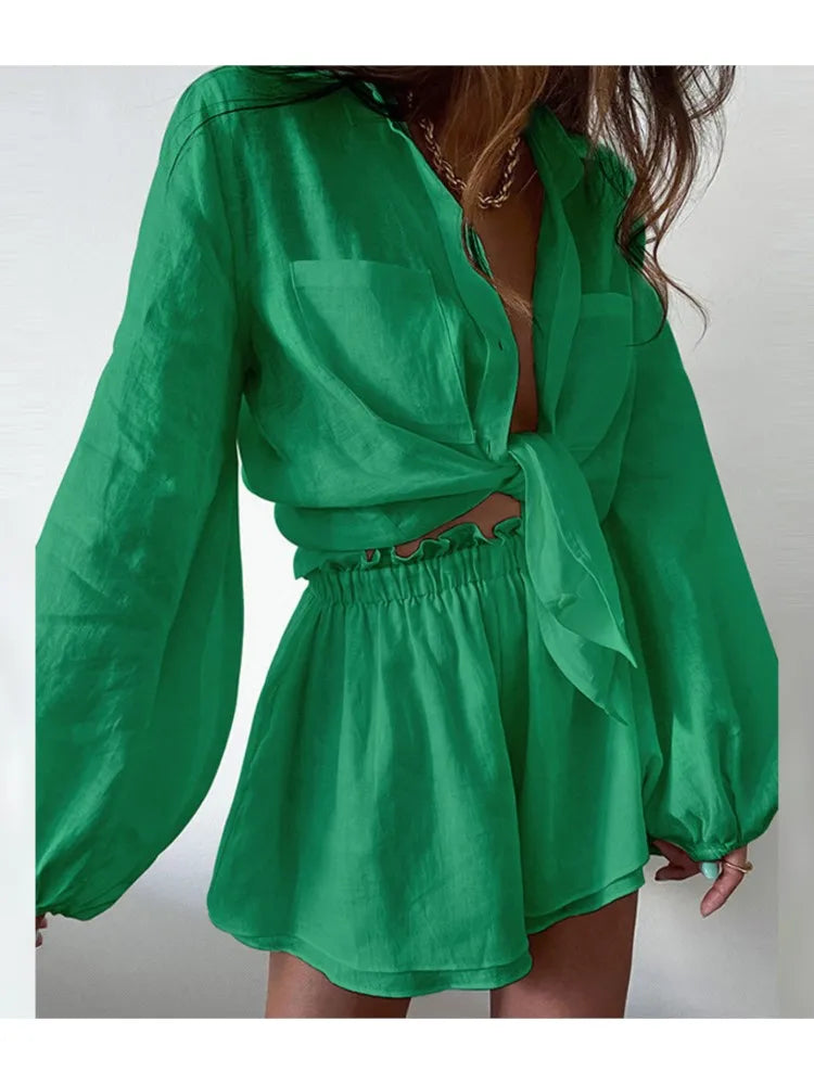 Solid Color Simple Lapel Shirt Ruffle Wide Leg Shorts 2pcs set