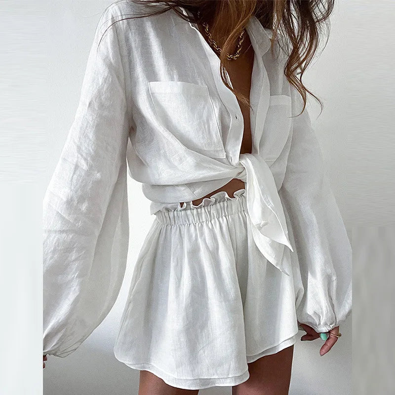 Solid Color Simple Lapel Shirt Ruffle Wide Leg Shorts 2pcs set