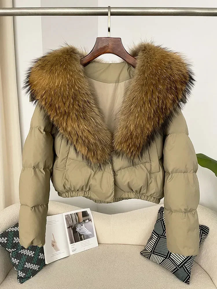 cropped duck down winter coat with real fox fur