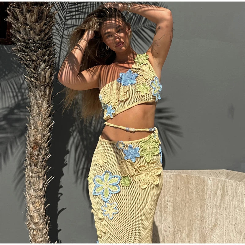 Flower crochet maxi skirt, vest top and bikini top