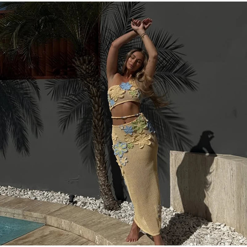 Flower crochet maxi skirt, vest top and bikini top