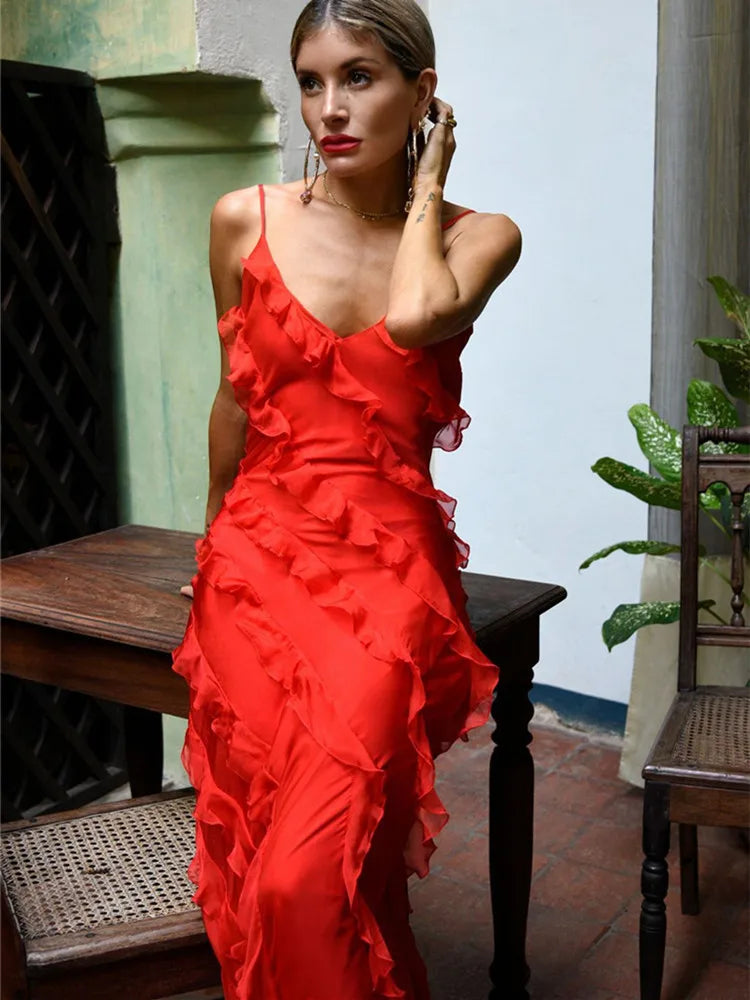 V Neck Ruffle Long Dresses Split Bodycon maxi dress