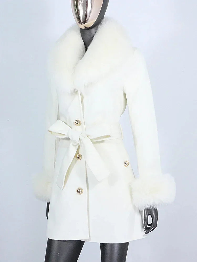 Long Winter Jacket Women Cuffs Belt Cashmere Real Fur Coat Natural Fox Fur Collar