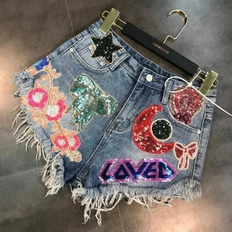 Embroidery Patch Raw Denim Shorts